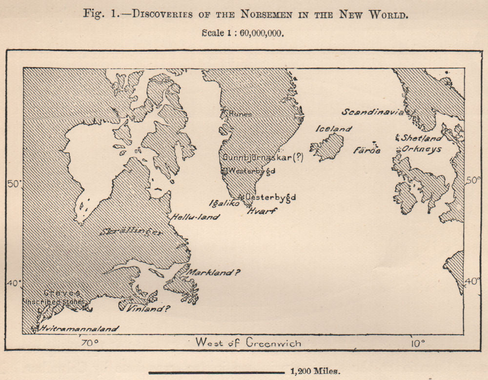 Discoveries of the Norsemen in the New World. North America. Vikings 1885 map